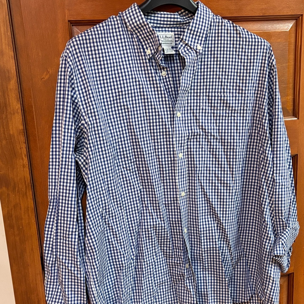 L.L. Bean Men's Navy and White Gingham Shirt